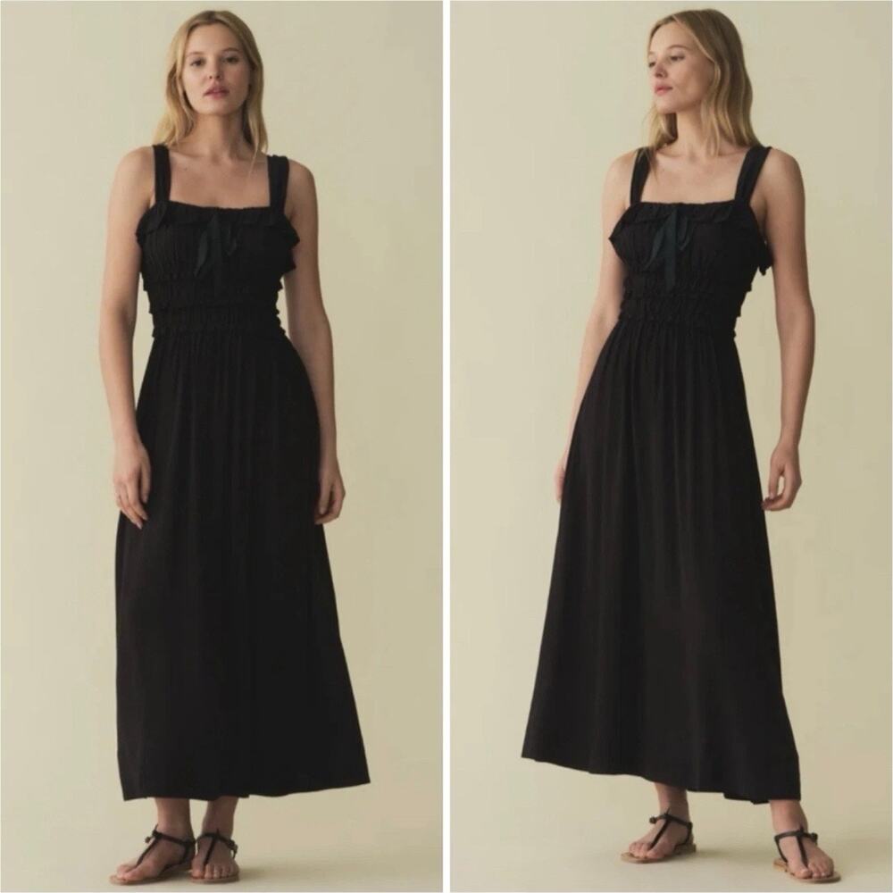 DÔEN Carolynn Crepe Smocked Midi Dress Black